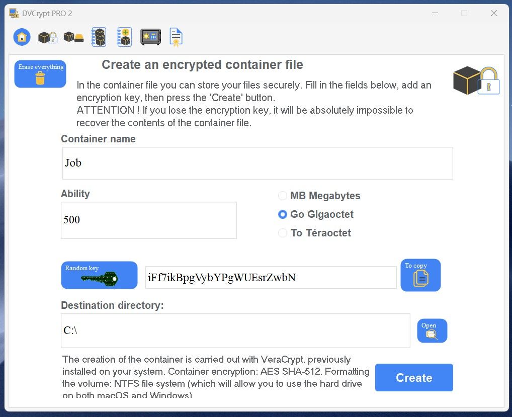 DVCRypt PRO 2: Creación de un contenedor PRO 2