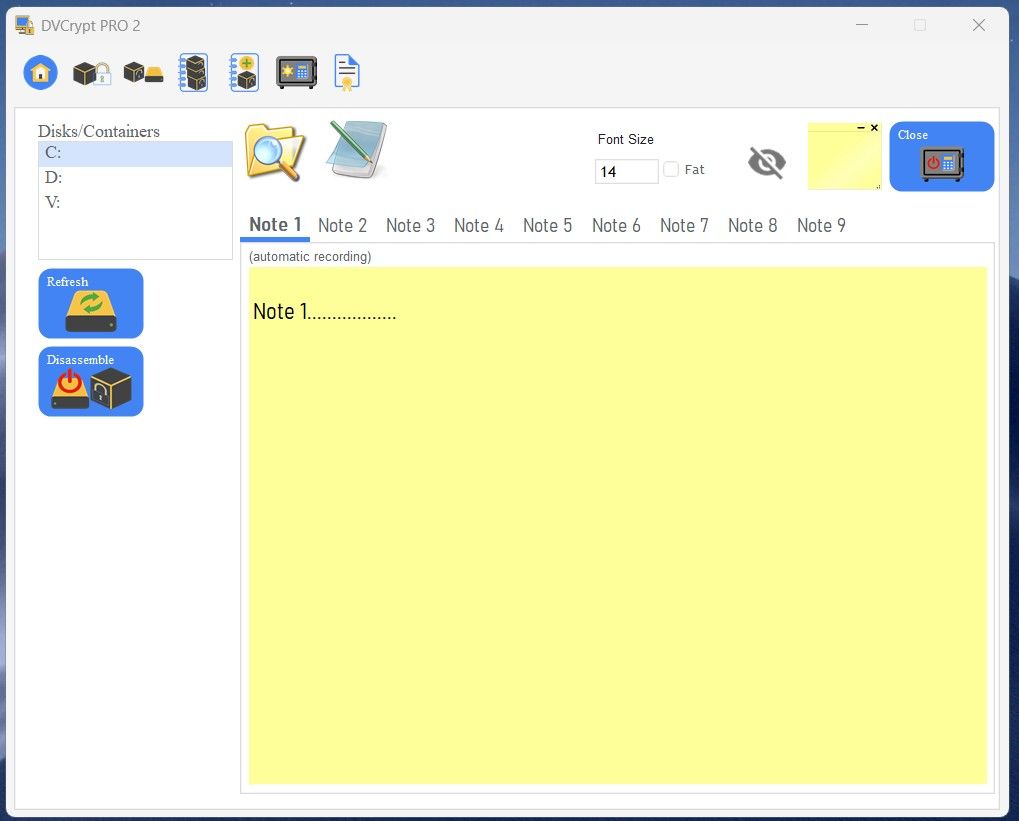 DVCRypt PRO 2: Panel de control con 9 blocs de notas